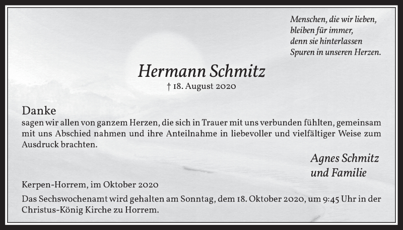  Traueranzeige für Hermann Schmitz vom 16.10.2020 aus  Werbepost 