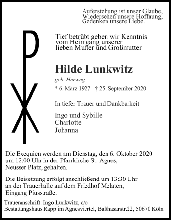 Anzeige von Hilde Lunkwitz von Kölner Stadt-Anzeiger / Kölnische Rundschau / Express