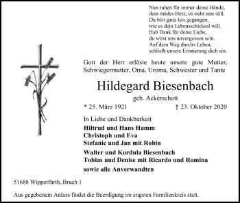 Anzeige von Hildegard Biesenbach von Kölner Stadt-Anzeiger / Kölnische Rundschau / Express