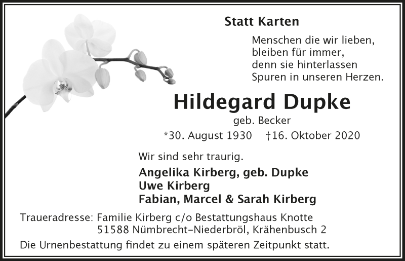  Traueranzeige für Hildegard Dupke vom 23.10.2020 aus  Anzeigen Echo 