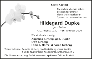 Anzeige von Hildegard Dupke von  Anzeigen Echo 