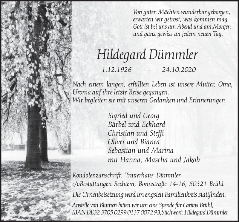  Traueranzeige für Hildegard Dümmler vom 30.10.2020 aus  Schlossbote/Werbekurier 