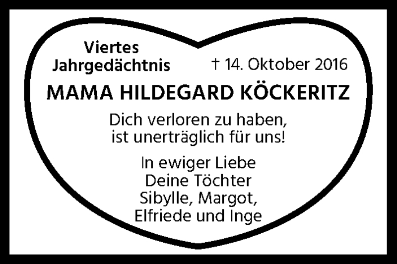  Traueranzeige für Hildegard Köckeritz vom 14.10.2020 aus Kölner Stadt-Anzeiger / Kölnische Rundschau / Express