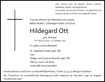 Anzeige von Hildegard Ott von Kölner Stadt-Anzeiger / Kölnische Rundschau / Express