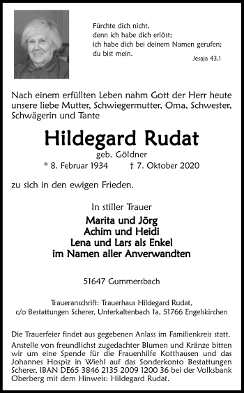 Anzeige von Hildegard Rudat von Kölner Stadt-Anzeiger / Kölnische Rundschau / Express