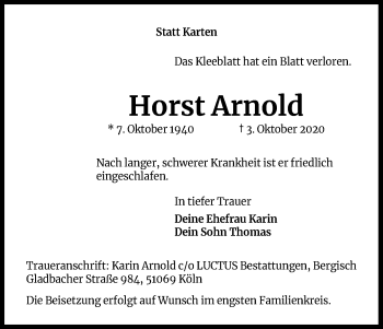 Anzeige von Horst Arnold von Kölner Stadt-Anzeiger / Kölnische Rundschau / Express