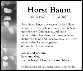 Anzeige von Horst Baum von Kölner Stadt-Anzeiger / Kölnische Rundschau / Express
