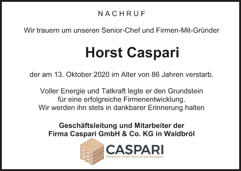  Traueranzeige für Horst Caspari vom 20.10.2020 aus Kölner Stadt-Anzeiger / Kölnische Rundschau / Express