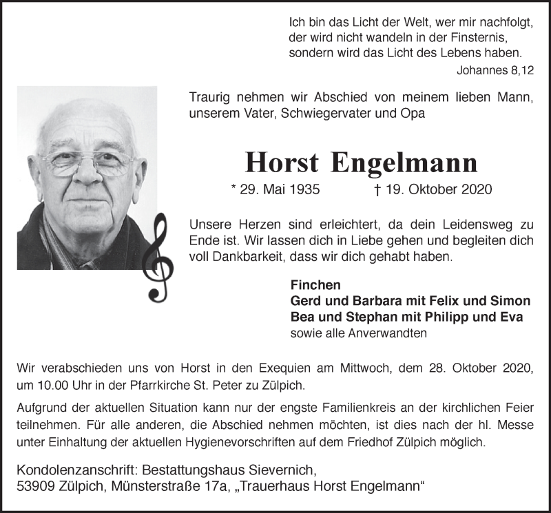  Traueranzeige für Horst Engelmann vom 24.10.2020 aus  Blickpunkt Euskirchen 