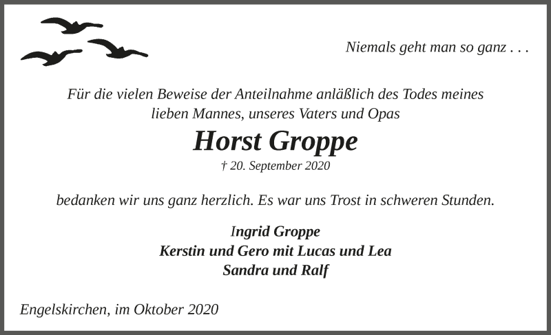  Traueranzeige für Horst Groppe vom 30.10.2020 aus  Anzeigen Echo 