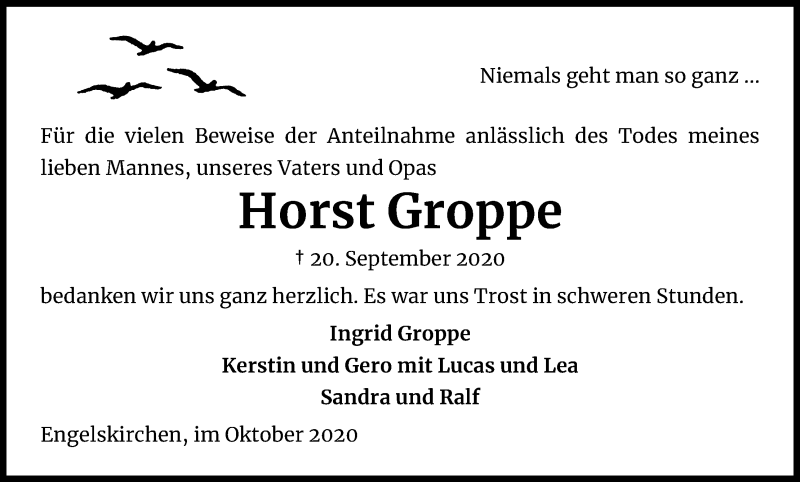  Traueranzeige für Horst Groppe vom 31.10.2020 aus Kölner Stadt-Anzeiger / Kölnische Rundschau / Express
