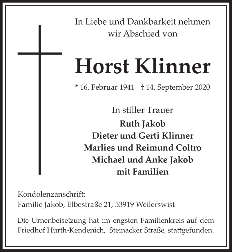  Traueranzeige für Horst Klinner vom 30.10.2020 aus  Wochenende 