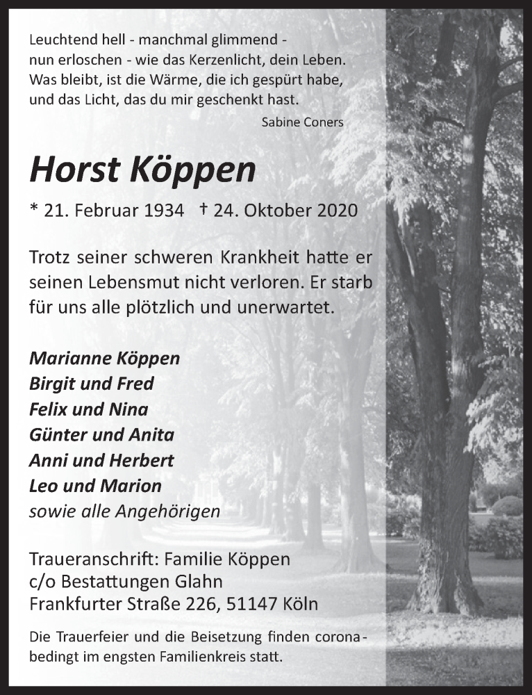 Traueranzeige für Horst Köppen vom 30.10.2020 aus  Kölner Wochenspiegel 
