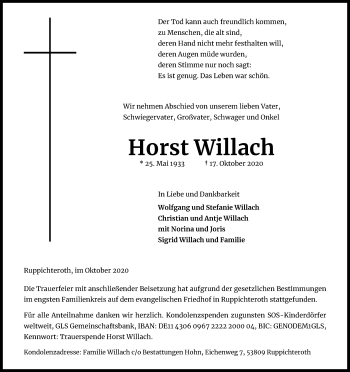 Anzeige von Horst Willach von Kölner Stadt-Anzeiger / Kölnische Rundschau / Express
