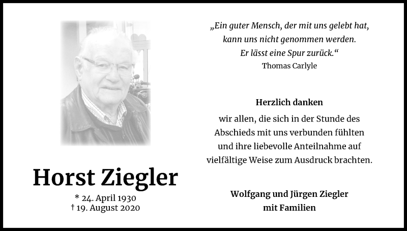 Traueranzeige für Horst Ziegler vom 10.10.2020 aus Kölner Stadt-Anzeiger / Kölnische Rundschau / Express