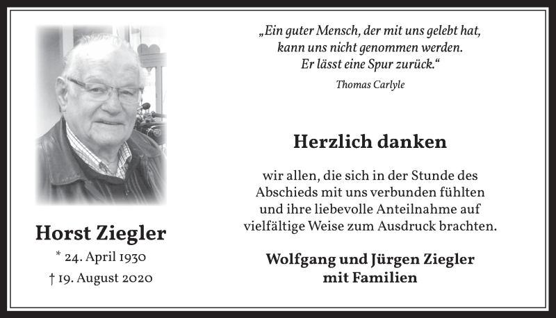  Traueranzeige für Horst Ziegler vom 09.10.2020 aus  Werbepost 