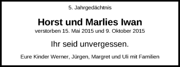 Anzeige von Horst und Marlies  Iwan von Kölner Stadt-Anzeiger / Kölnische Rundschau / Express