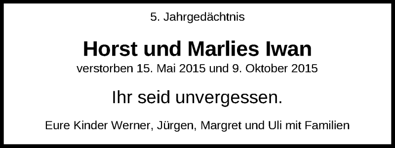  Traueranzeige für Horst und Marlies  Iwan vom 10.10.2020 aus Kölner Stadt-Anzeiger / Kölnische Rundschau / Express