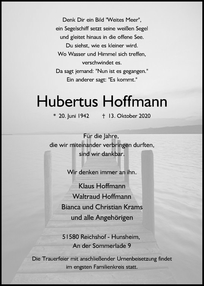  Traueranzeige für Hubemus Hoffmann vom 17.10.2020 aus Kölner Stadt-Anzeiger / Kölnische Rundschau / Express