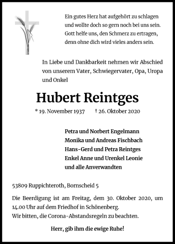 Anzeige von Hubert Reintges von Kölner Stadt-Anzeiger / Kölnische Rundschau / Express