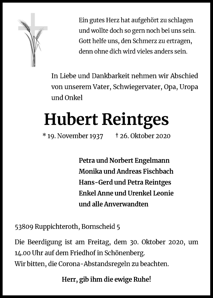  Traueranzeige für Hubert Reintges vom 28.10.2020 aus Kölner Stadt-Anzeiger / Kölnische Rundschau / Express