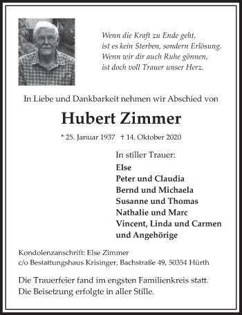 Anzeige von Hubert Zimmer von  Wochenende 