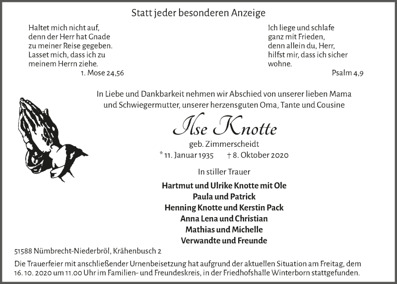  Traueranzeige für Ilse Knotte vom 16.10.2020 aus  Anzeigen Echo  Lokalanzeiger 