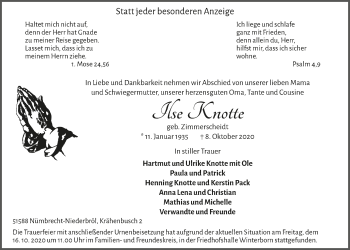 Anzeige von Ilse Knotte von  Anzeigen Echo  Lokalanzeiger 