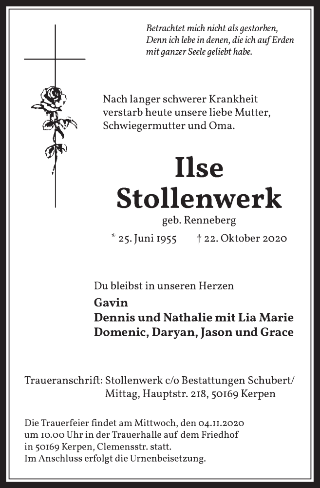 Traueranzeige für Ilse Stollenwerk vom 30.10.2020 aus  Werbepost 