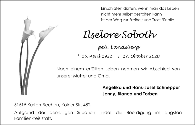  Traueranzeige für Ilselore Soboth vom 23.10.2020 aus  Kölner Wochenspiegel 