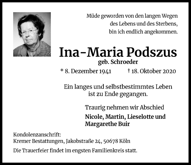  Traueranzeige für Ina-Maria Podszus vom 24.10.2020 aus Kölner Stadt-Anzeiger / Kölnische Rundschau / Express
