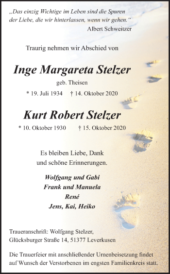 Anzeige von Inge Margareta Stelzer von Kölner Stadt-Anzeiger / Kölnische Rundschau / Express