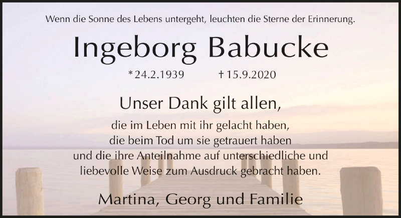  Traueranzeige für Ingeborg Babucke vom 23.10.2020 aus  Anzeigen Echo 