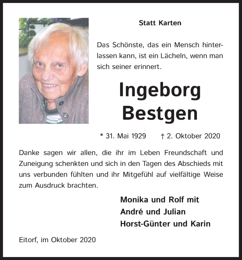  Traueranzeige für Ingeborg Bestgen vom 31.10.2020 aus Kölner Stadt-Anzeiger / Kölnische Rundschau / Express