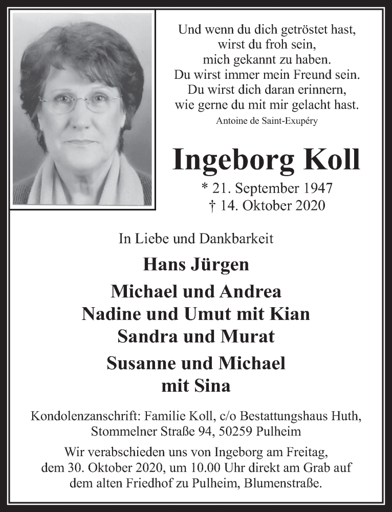  Traueranzeige für Ingeborg Koll vom 23.10.2020 aus  Wochenende 