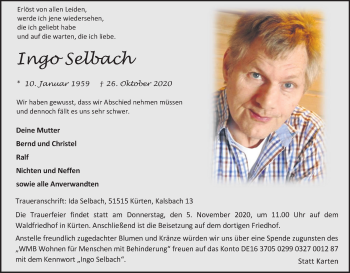Anzeige von Ingo Selbach von Kölner Stadt-Anzeiger / Kölnische Rundschau / Express
