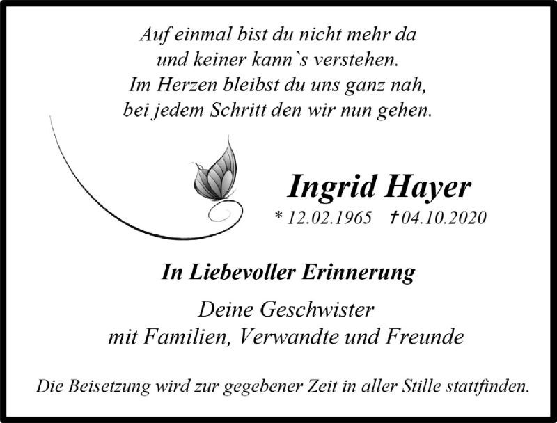  Traueranzeige für Ingrid Hayer vom 09.10.2020 aus  Anzeigen Echo 