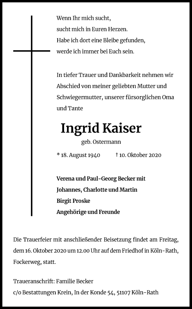  Traueranzeige für Ingrid Kaiser vom 14.10.2020 aus Kölner Stadt-Anzeiger / Kölnische Rundschau / Express