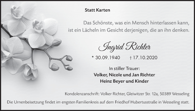  Traueranzeige für Ingrid Richter vom 23.10.2020 aus  Schlossbote/Werbekurier 