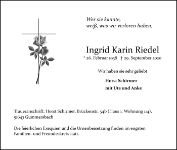Anzeige von Ingrid Karin Riedel von Kölner Stadt-Anzeiger / Kölnische Rundschau / Express