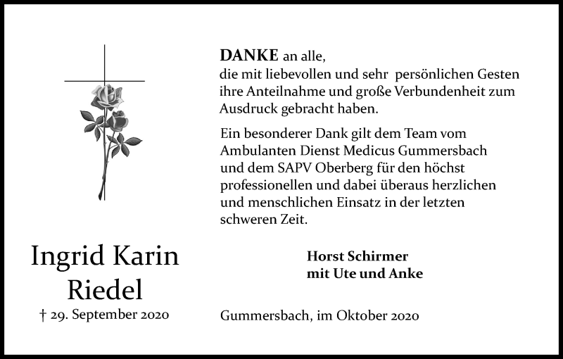  Traueranzeige für Ingrid Karin Riedel vom 24.10.2020 aus Kölner Stadt-Anzeiger / Kölnische Rundschau / Express