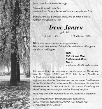 Anzeige von Irene Jansen von  Blickpunkt Euskirchen 