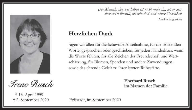  Traueranzeige für Irene Rusch vom 09.10.2020 aus  Werbepost 