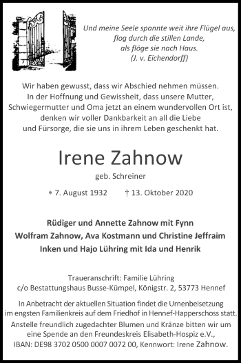 Anzeige von Irene Zahnow von Kölner Stadt-Anzeiger / Kölnische Rundschau / Express