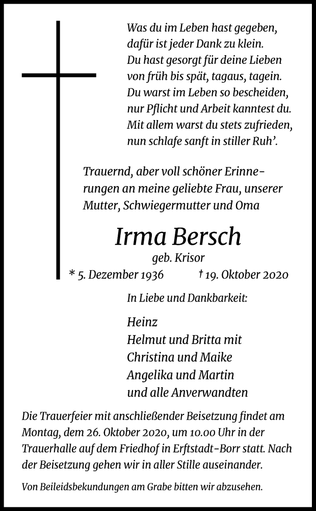  Traueranzeige für Irma Bersch vom 23.10.2020 aus Kölner Stadt-Anzeiger / Kölnische Rundschau / Express