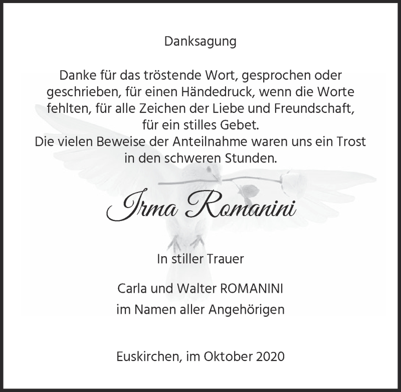  Traueranzeige für Irma Romanini vom 31.10.2020 aus  Blickpunkt Euskirchen 