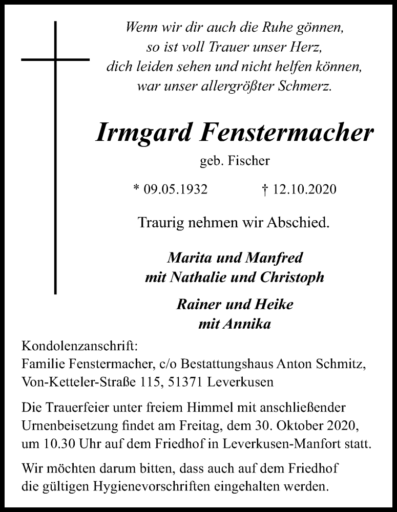  Traueranzeige für Irmgard Fenstermacher vom 24.10.2020 aus Kölner Stadt-Anzeiger / Kölnische Rundschau / Express