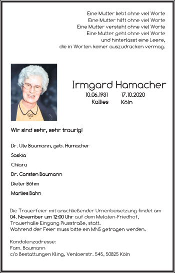 Anzeige von Irmgard Hamacher von Kölner Stadt-Anzeiger / Kölnische Rundschau / Express