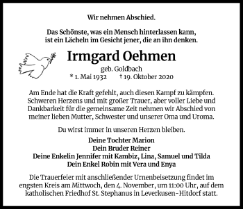 Anzeige von Irmgard Oehmen von Kölner Stadt-Anzeiger / Kölnische Rundschau / Express