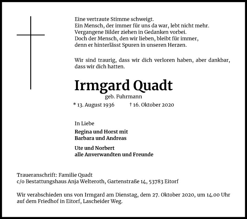  Traueranzeige für Irmgard Quadt vom 24.10.2020 aus Kölner Stadt-Anzeiger / Kölnische Rundschau / Express